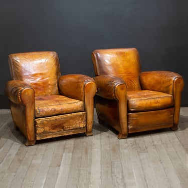 Pair of Distressed Leather Club Chairs c.1930