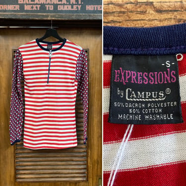 Vintage 1960’s “Campus” Hippie Mod Stars x Stripes Knit Pop Art Henley Zip Long Sleeve Rare Style T-Shirt, 60’s Tee Shirt, Vintage Clothing 