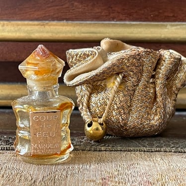 Vintage 1950’s ‘60s French mini perfume bottle | COUP de FEU Marquay Paris France, gold lurex pouch 