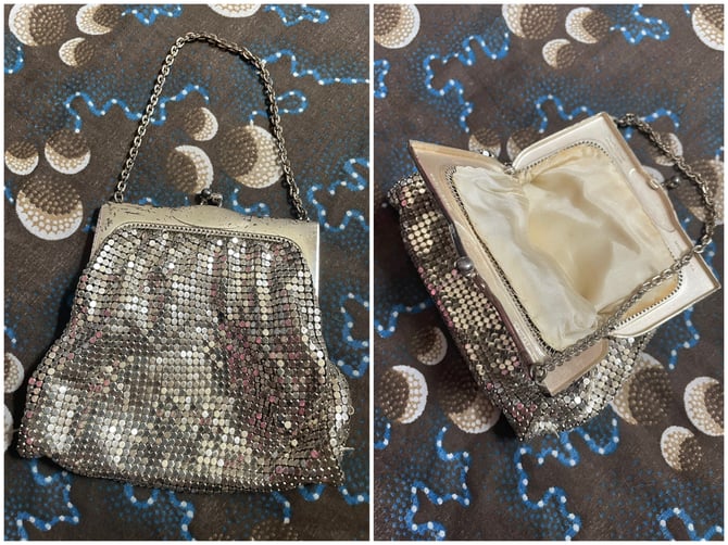 Vintage Whiting &amp; Davis silver mesh bag | metal frame with kiss lock, some scuffing, flapper costume, bridal purse 