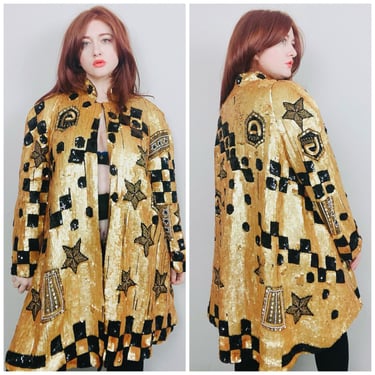 1980s Vintage Interlude 100% Silk Fully Beaded Swing Coat / 80s Gold and Black Trapeze Checkered Star Sequin Jacket / Large 