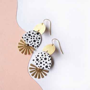 Radial Burst Spotted Statement Earrings in White with Black Polka Dots - Art Deco Sunburst Dangle Earrings made from reclaimed leather 