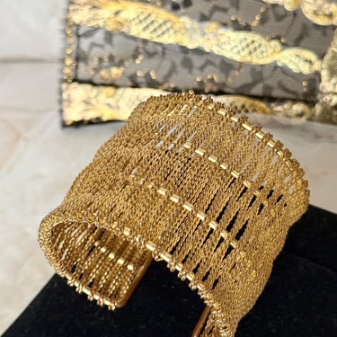 Wide Mesh Cuff Bracelet, Egyptian Revival, Cut Out, Braided Chain Design, Bangle, Vintage 60s 70s Jewelry 