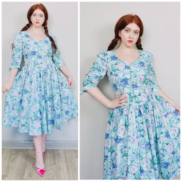 1980s Vintage Expo Pastel Blue Cotton Dress / 80s / Eighties Floral Fit and Flare Day Dress / Size Large 
