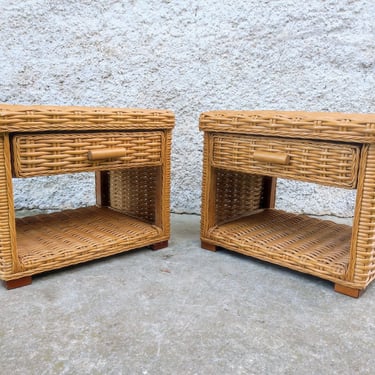 1 of 2 Vintage Rattan Bedside Table/ Mid Century/ Nightstand Storage/ Retro Rattan Night Tables/ Storage Tables/ Wooden Nightstands/80s 