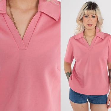 70s Pink Shirt Short Sleeve Collared Buttonless Polo Shirt 1970s V Neck Blouse Collar Retro Tee Vintage Seventies Top Large L 