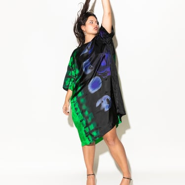 DRIES VAN NOTEN Green &amp; Black Abstract Tie Dye Shift Dress