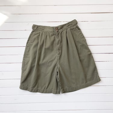 high waisted shorts | 80s 90s vintage olive green pleated cotton khaki trouser shorts 
