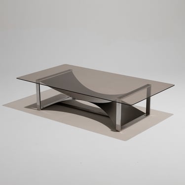 TABLE BASSE EN ACIER ET VERRE, FRANÇOIS MONNET, 1970s