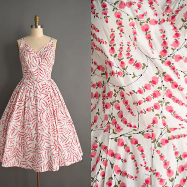 vintage 1950s Dress | Wildman Pink Floral Print Cotton Sweeping Full Skirt Sun Dress | Medium Large 