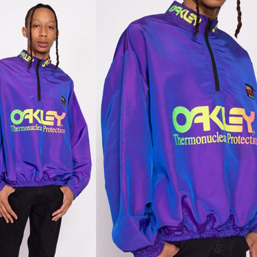 90s Oakley Thermonuclear Protection Surf Style Windbreaker - One Size | Vintage Iridescent Purple Half Zip Pullover Neon Jacket 