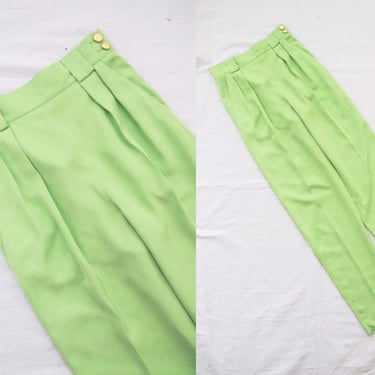 Vintage 90s Lime Green High Waist Trouser Pants 26 Small - Tapered Leg Bright Neon Green Pleated Womens Pants - Mondi Gold Button 