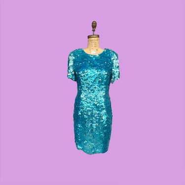 Vintage Dress Retro 1980s Paillette Sequins + Size 10 + 100% Silk + Mermaid + Turquoise + Iridescent + Evening or Party Dress + Womens 