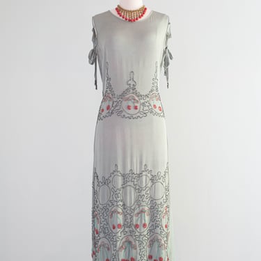 Extraordinary & Rare 1920's Cherry Beaded Silk Crepe Flapper Dress / Medium
