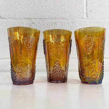 Vintage Amethyst Carnival Glass Tumblers Northwood Amber Iridescent Glassware Rainbow Set of 3 Drinking Glasses 1940s 1950s 