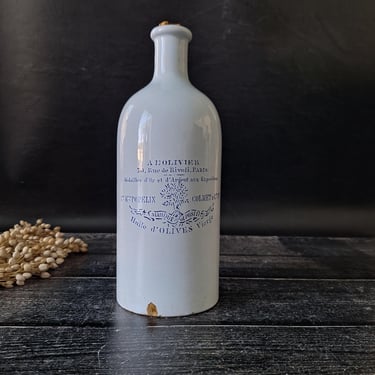 White Stoneware Bottle Olive Oil Jar from Paris Charolles France, Blue and White Apothecary Jar, Typography Stencil 