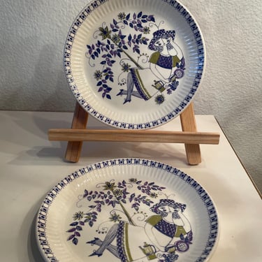 Handpainted Figgjo Norway Bread and Butter Porcelain Plate Set of 2 | 2 Lotte Turi Design Plate 6.75” | Vintage Silkscreen Porcelain Plate 