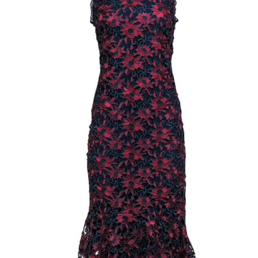 Shoshanna Midnight - Navy & Maroon Floral Lace Sleeveless Midi Dress w/ Eyelet Trim Sz 8