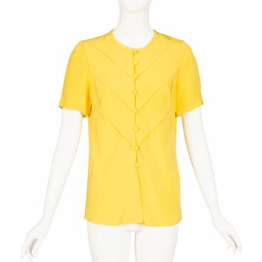 André Laug Couture 1980s Vintage Yellow Silk Crepe Button-Up Short Sleeve Blouse Sz S M 