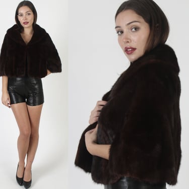 Genuine Mahogany Mink Stole, Dark Brown Natural Real Fur Wrap, Vintage 60s Wedding Cape, Womens Bolero With Pockets 