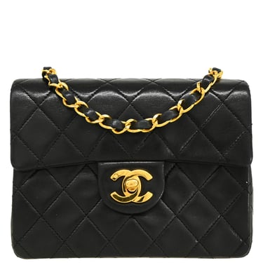 Chanel 1989-1991 Black Lambskin Mini Classic Square Flap Shoulder Bag