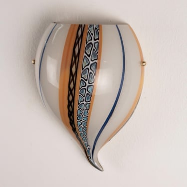 Wall sconce white and amber artistic Murano glass with artistic striped decoration Made in Italy, vintage wall lamp 