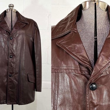 Vintage 1970s Brown Leather Coat Winter Jacket Hipster Button Front JCPenny Mod Satin Lining Removable Lining Large 70s 