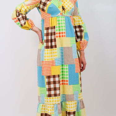 1970s Patchwork Print Puff Sleeve Cotton Maxi Dress