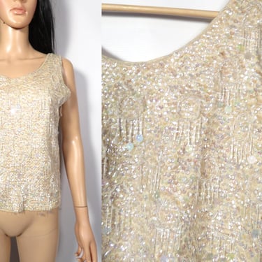 Vintage 60s Hand Beaded Wool Tank Top Size M/L 