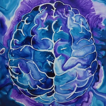 Big Blue and Purple Brain -  original ink painting on yupo - neuroscience art 