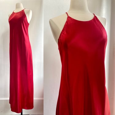 Vintage 80s Slip Dress / RED SATIN + On the Bias + Racer Back + Maxi Length / All That Jazz / M 