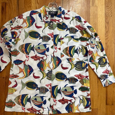 1980’s Big Fish shirt~ button up colorful 100% vintage cotton novelty print shirts~ boxy oversized long sleeves ~80’s 90’s trends/ Med-LG 