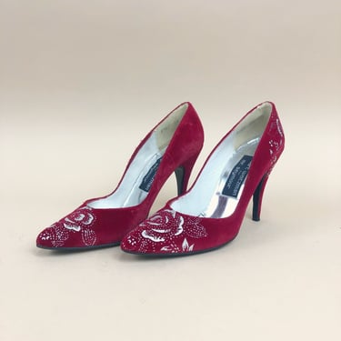 1980s Red Velvet Stuart Weitzman for Mr. Seymour Pumps, 80s Red & Silver Designed Heels, Vintage Stilettos, Size 7.5AA by Mo