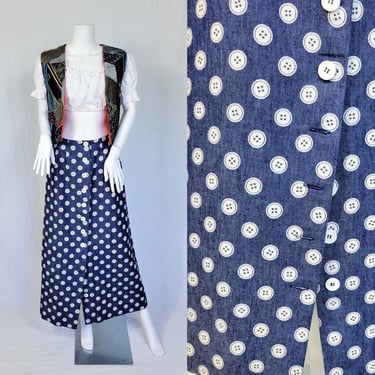 1970's Navy Blue White Button Novelty Print Long Maxi Skirt I Sz Med 