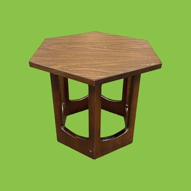 Vintage End Table Retro 1960s Mid Century Modern + Hexagon + Laminate Top + Brown Wood Base + Side Table + MCM Living Room Furniture 