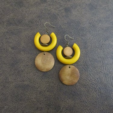 Yellow wooden earrings, Afrocentric African earrings, bold earrings, statement earrings, geometric earrings, rustic natural earrings 28888 
