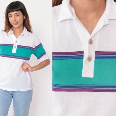 Striped Polo Shirt 80s Collared T-shirt White Teal Quarter Button Up Preppy Casual Chest Pocket Vintage 1980s Blue Purple Medium 