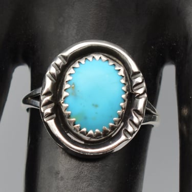 80's Richard Begay sterling turquoise size 8.25 solitaire, RB Navajo 925 silver blue stone ring 