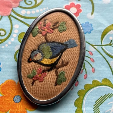 vintage embroidered bird pin needlework bluebird floral brooch 