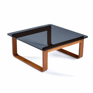 Minimalist Modern Fred Lowen for Tessa T4 Smoked Glass and Teak Square Side Table or Coffee Table 