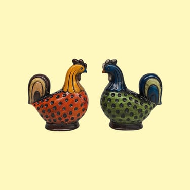 Vintage Homco Ceramic Roosters Retro 1960s Farmhouse + Figurines + Set of 2 + Chickens + Red and Blue + Home Decor + Made in Japan 