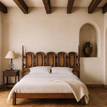Vintage Oak King Headboard – Carved Panel Design with Turned Spindles, Solid Wood & Oak Veneer, Rustic Traditional Bed Frame 