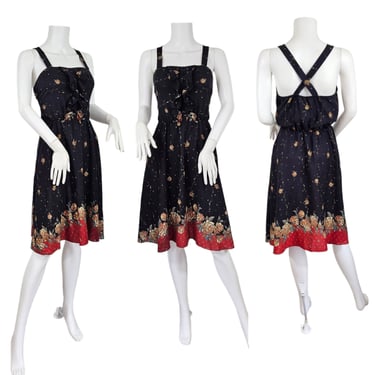 1970's Black Floral Rose Print Cross Back Sleeveless Dress I Sz med I New Raves 