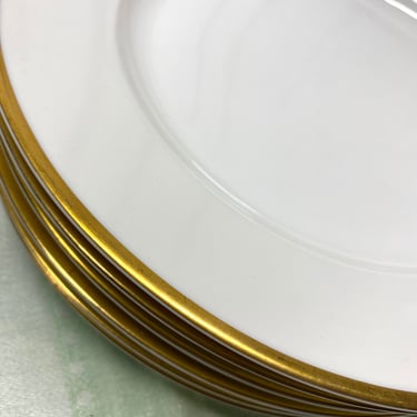 7 White Gold Dinner Plates~ The Empire by EAMAG W. Gehonwald~ Elegant Thick Gold Trim White Background~ 10”  Discontinued Bavaria Germany 