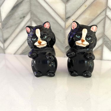 Vintage Takahashi Black Cat Salt and Pepper Shakers, Japan, Black/White Face, Blue Eyes, Pink Nose and Ears, Shaker, Mid Century Kitchenware 