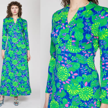 Small 70s Keram New York Psychedelic Floral Maxi Dress | Vintage Green Blue Neon Long Sleeve Disco Party Dress 