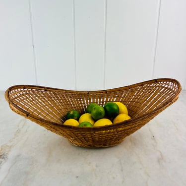 Vintage Large Ikebana Sculptural Basket 22" x 10" woven split bamboo, sloped design, for flowers display, natural organic home decor, gift 