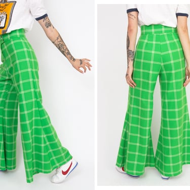 Vintage 1970s 70s Lime Green Checkered High Waisted Wide Leg Elephant Flared Pants Trousers // 20