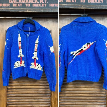 Vintage 1950’s Custom Rocket Ship x Sputnik Cowichan Rockabilly Sweater, 50’s Knit Sweater, 50’s Space Age, Vintage Clothing 