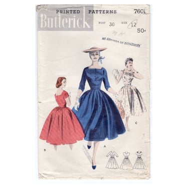 Vintage 1950s Butterick Sewing Pattern 7601, Miss & Misses Empire Dress, Fitted Bodice Full Skirt, 3 Sleeve Options, Size 12 Bust 30 
